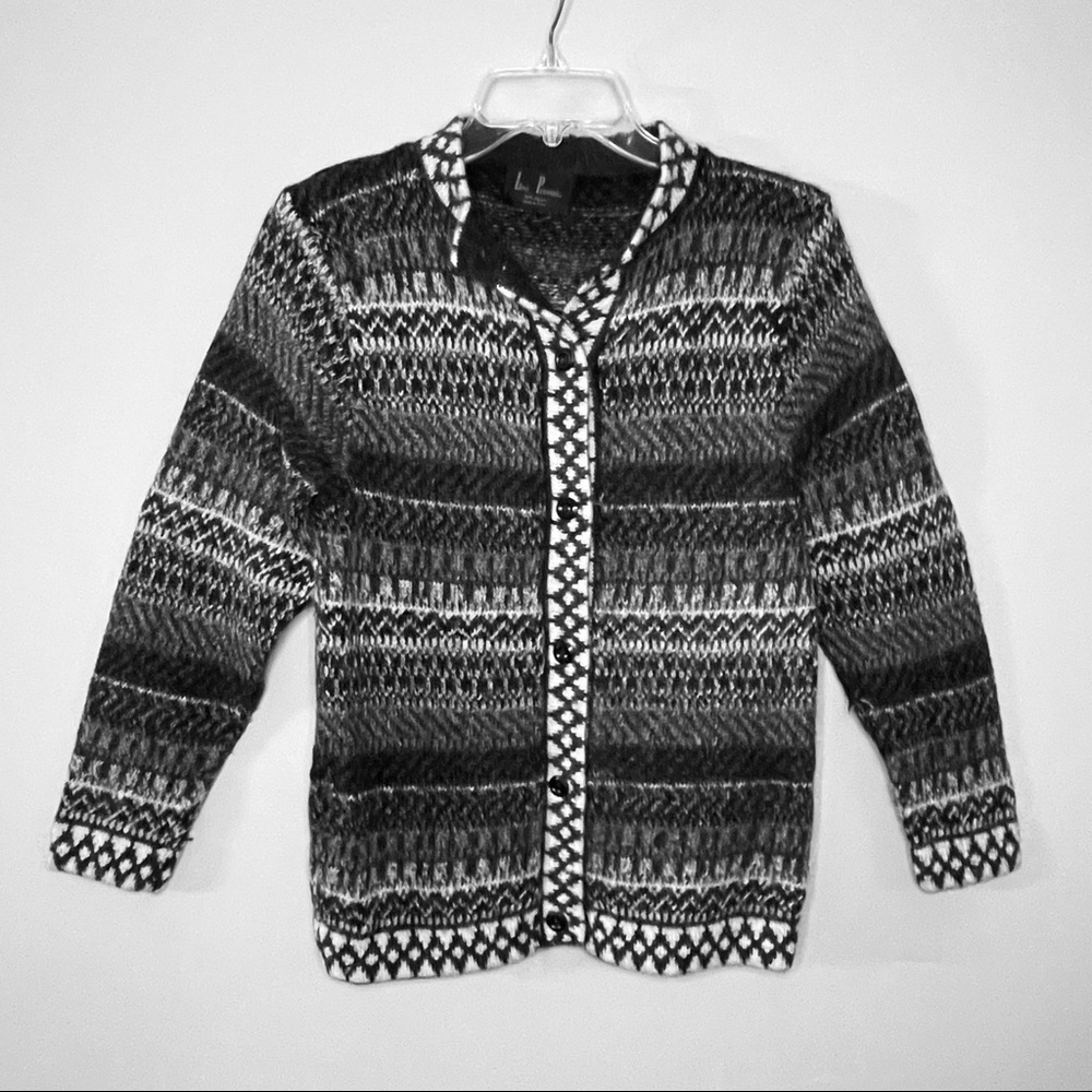 Leo Peressi 100% Alpaca Wool Cardigan Sweater Gray Fair Isle Knit Made in Peru S